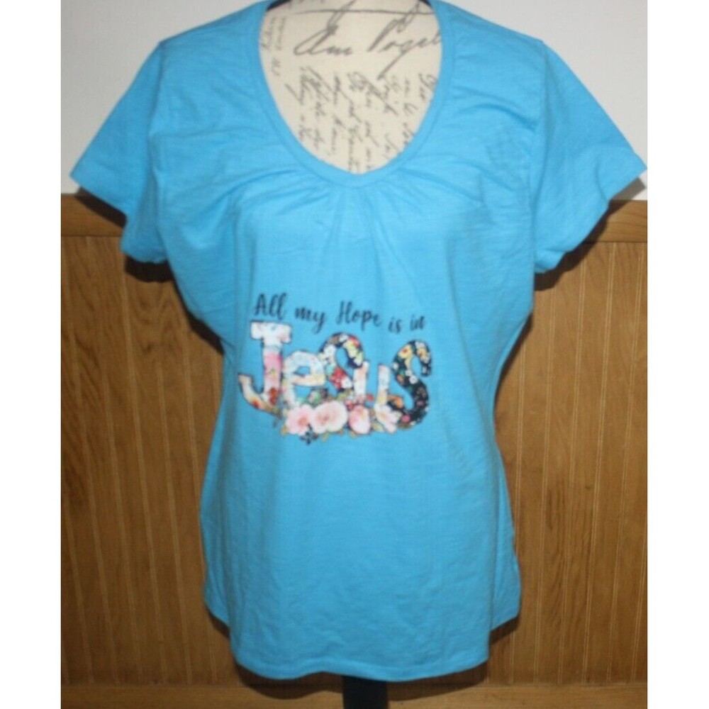 Women's Turquoise Graphic SS V-Neck Tee All My Hope Is In Jesus Sz XL NWOT